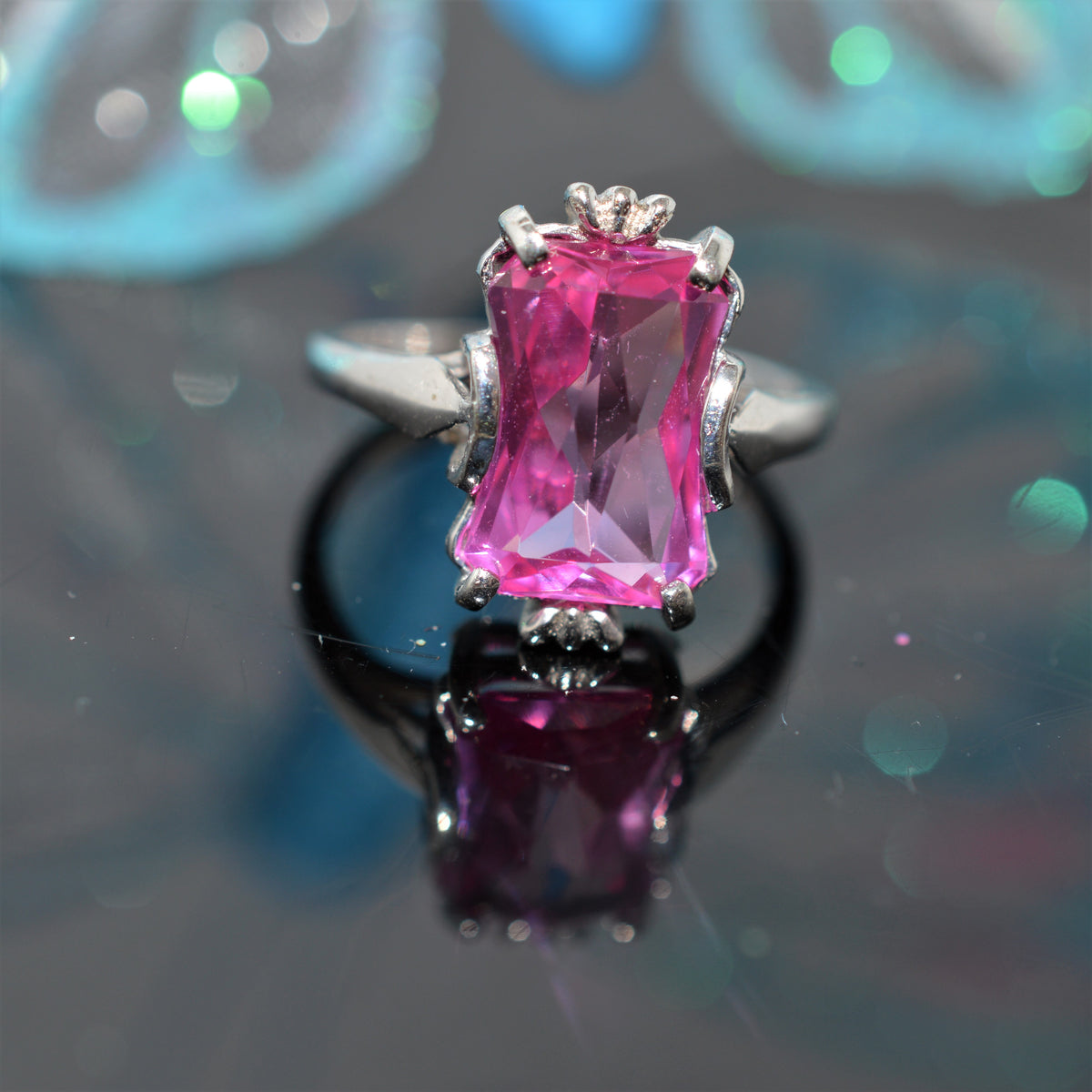 10K White Gold Antique Syn Pink Sapphire Ring