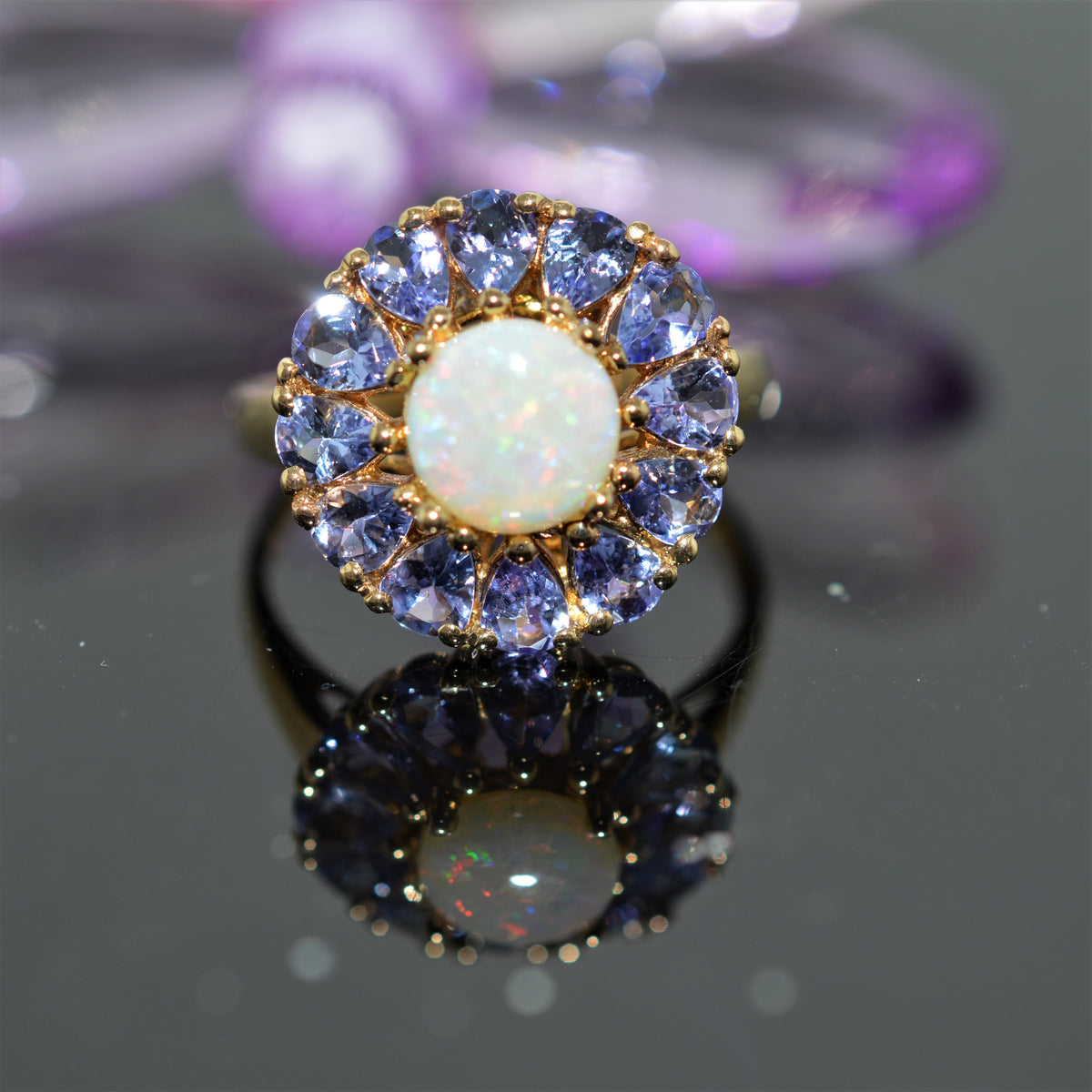 10K White Gold Teardrop Tanzanite And Opal Ring