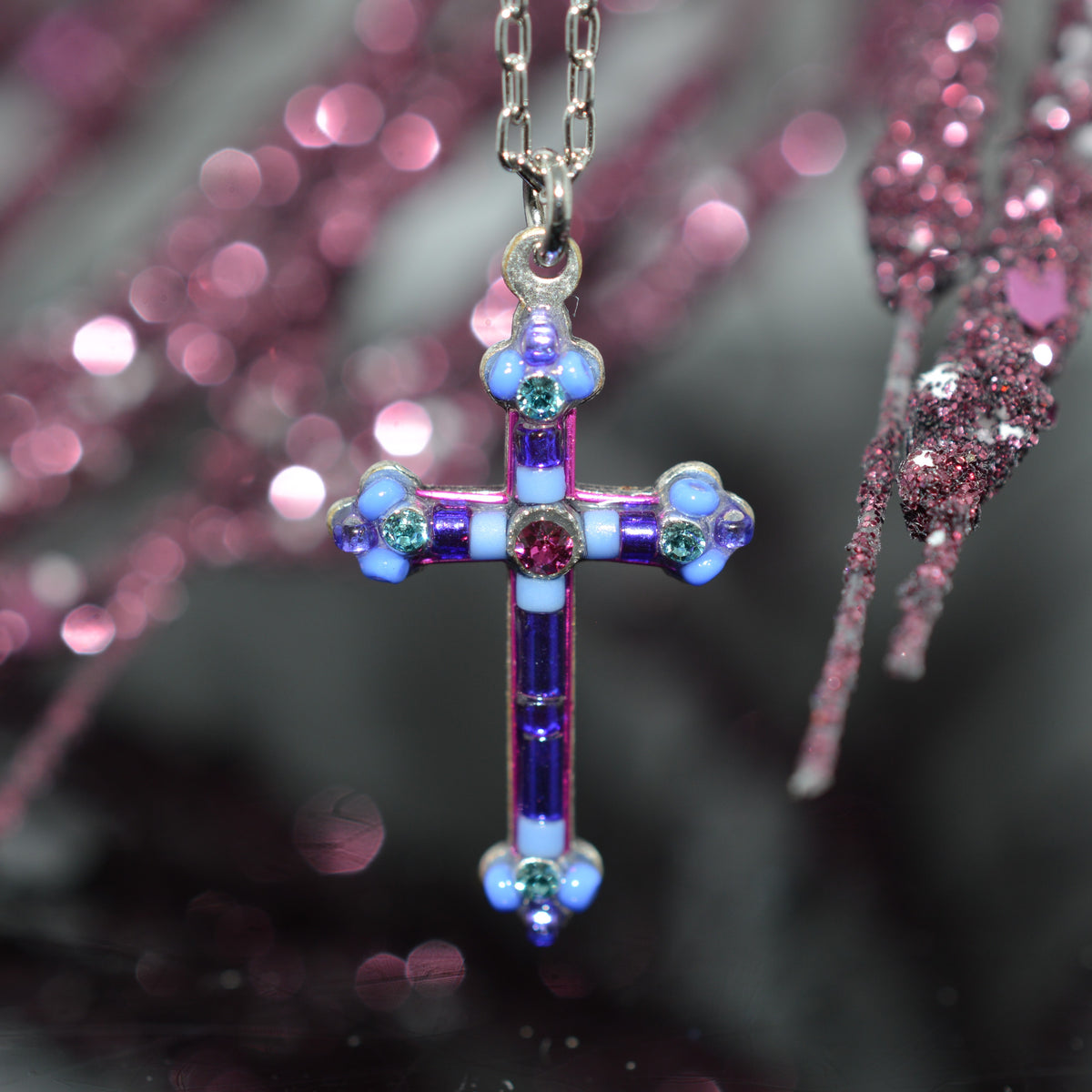 Antique Silver Plated Simple Purple Crystal Cross Pendant by Firefly
