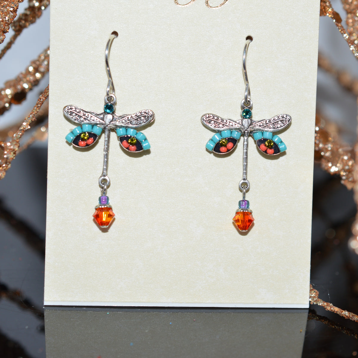 Antique Silver Plated Multi-Color Crystal Dragonfly Earrings by Firefly