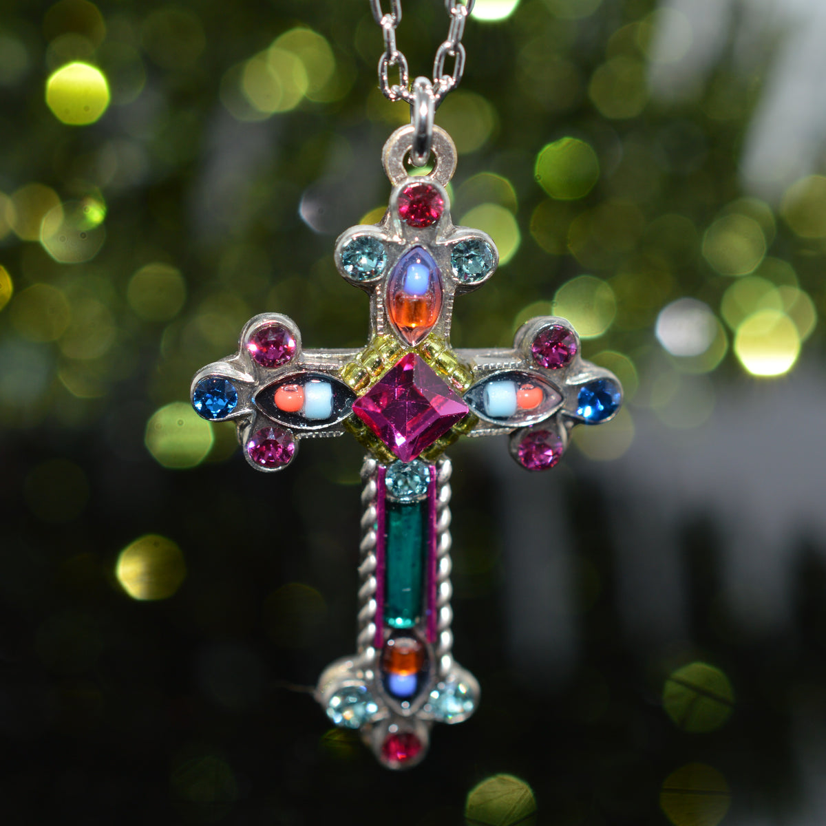 Antique Silver Plated Large Multi-Colored Crystal Cross Pendant by Firefly