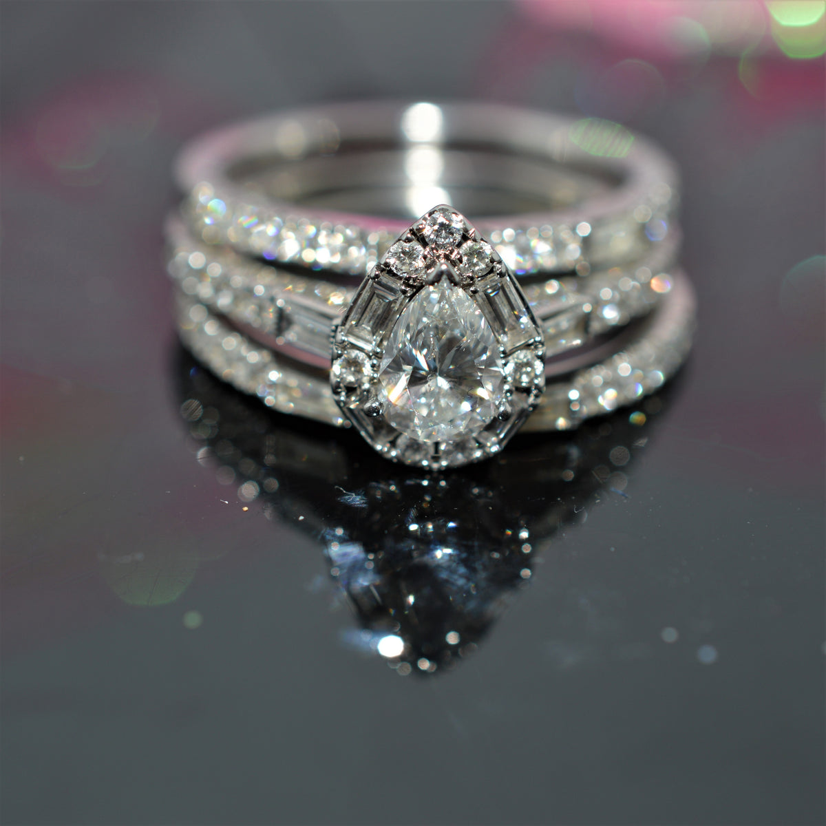 14K White Gold Vintage &quot;Neil Lane&quot; Diamond Engagement Ring With 2 Bands