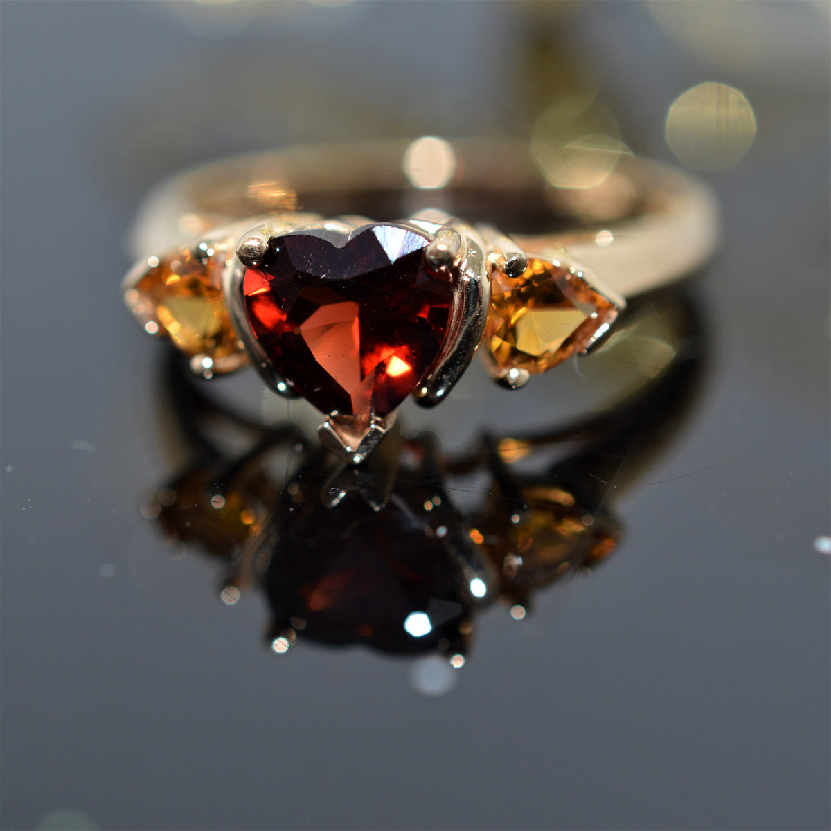 14K Yellow Gold Heart Cut Red And Orange Garnet Ring
