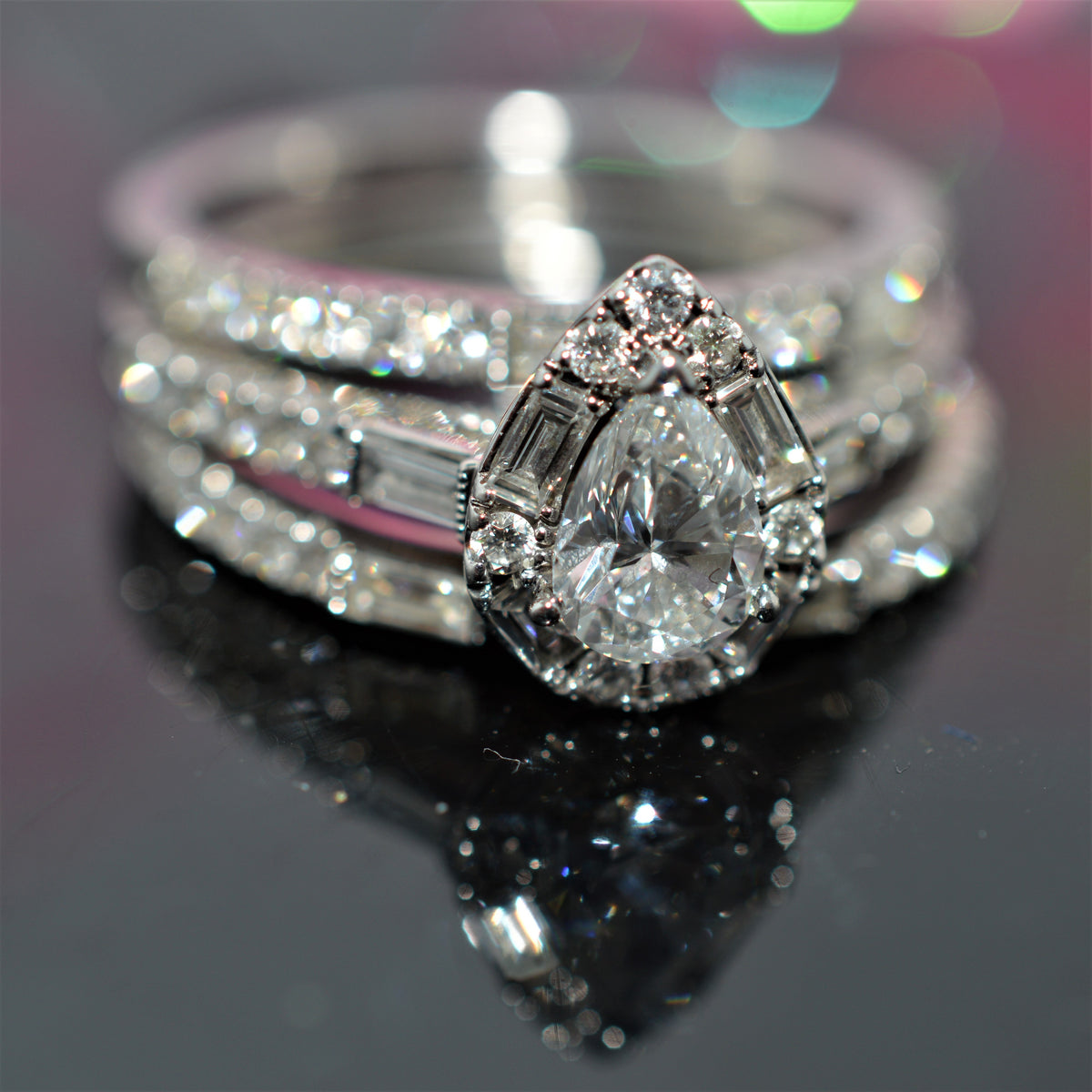 14K White Gold Vintage &quot;Neil Lane&quot; Diamond Engagement Ring With 2 Bands