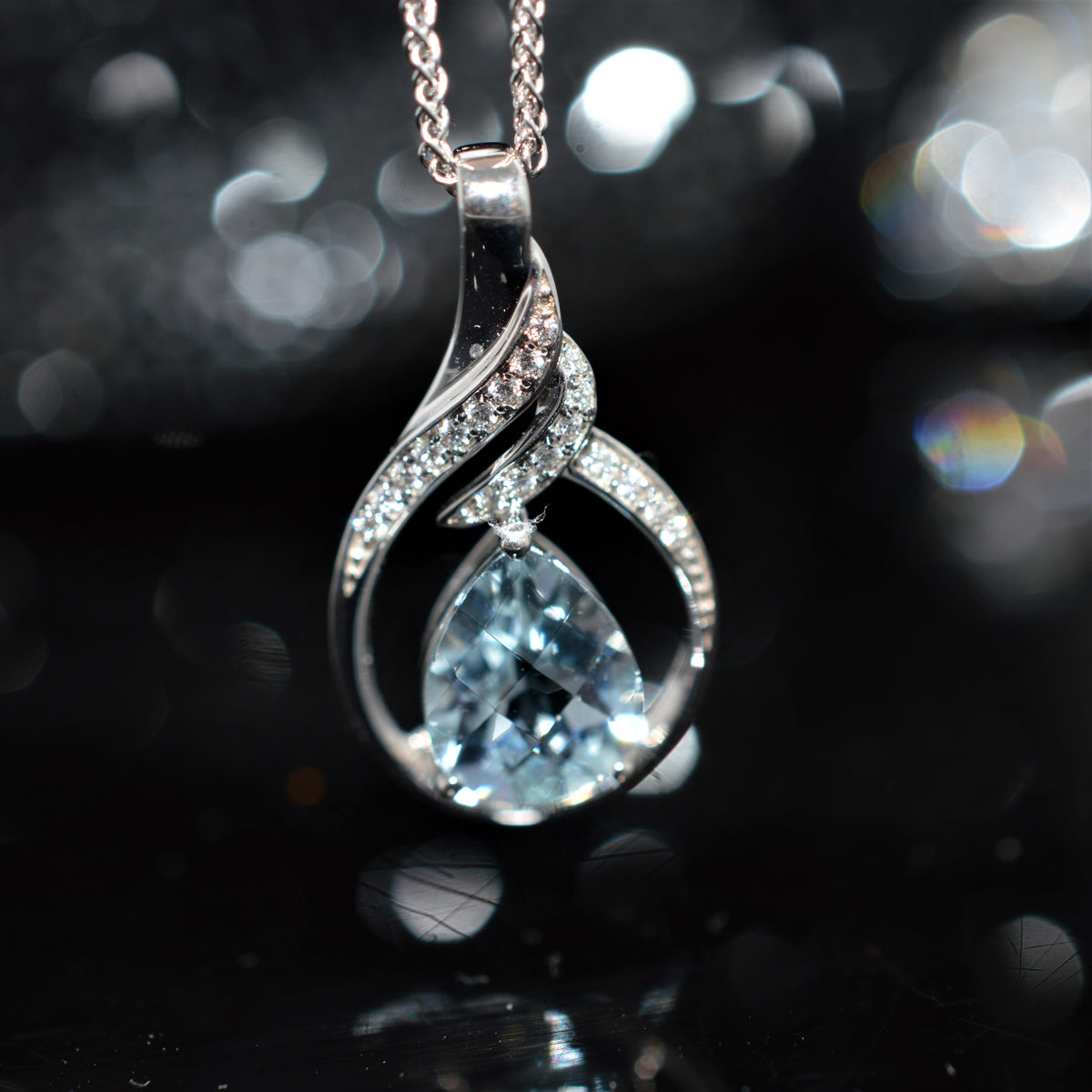 14K White Gold Teardrop Aquamarine and Diamond Pendant