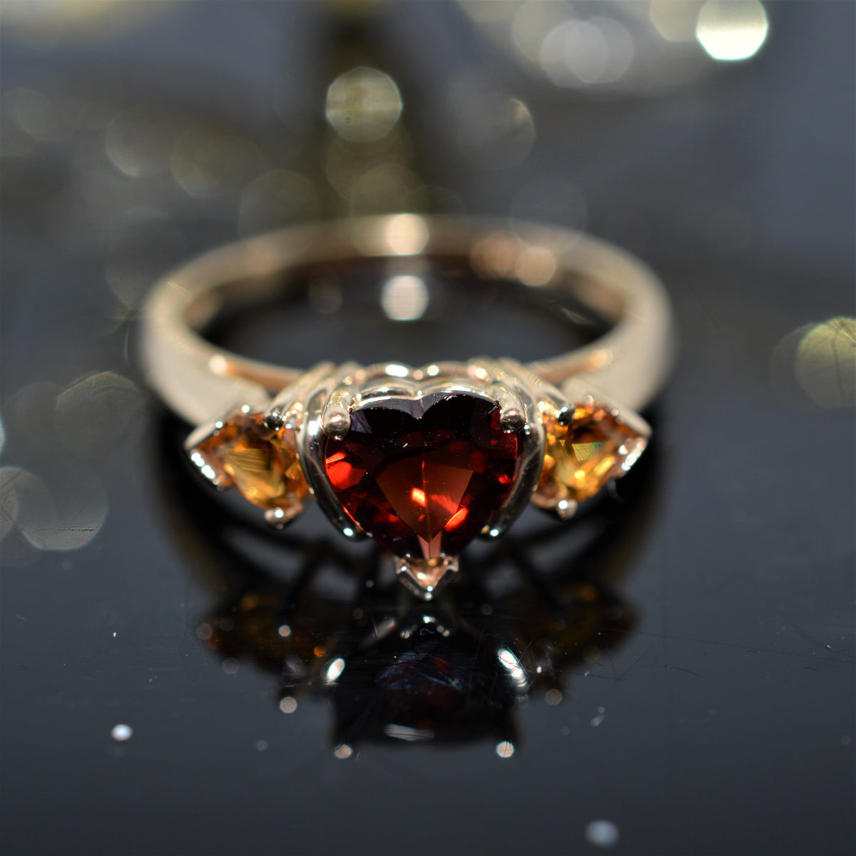 14K Yellow Gold Heart Cut Red And Orange Garnet Ring