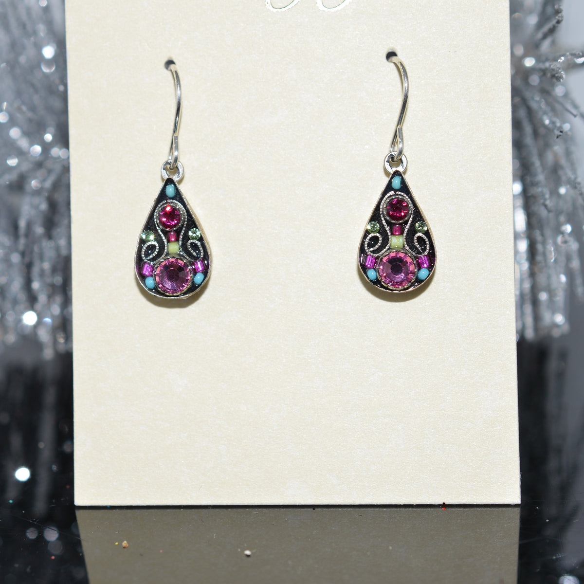 Antique Silver Plated Arabesque Rose Colored Small Drop Earrings by Firefly