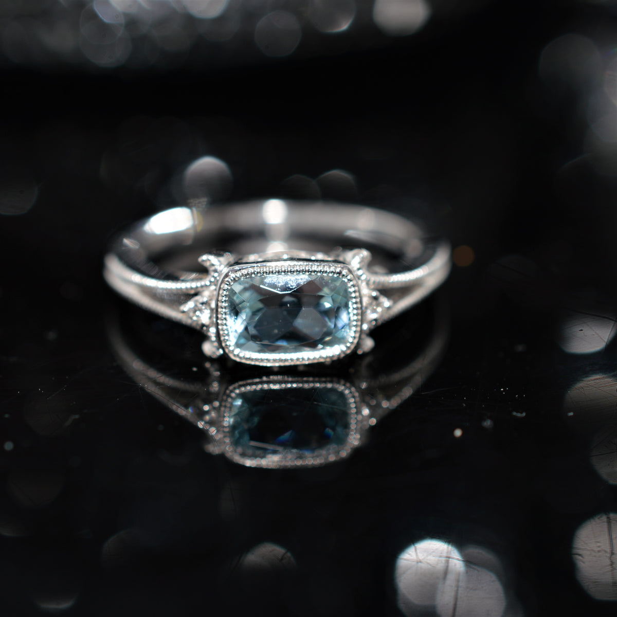 14K White Gold Sideways Set Aquamarine And Diamond Ring