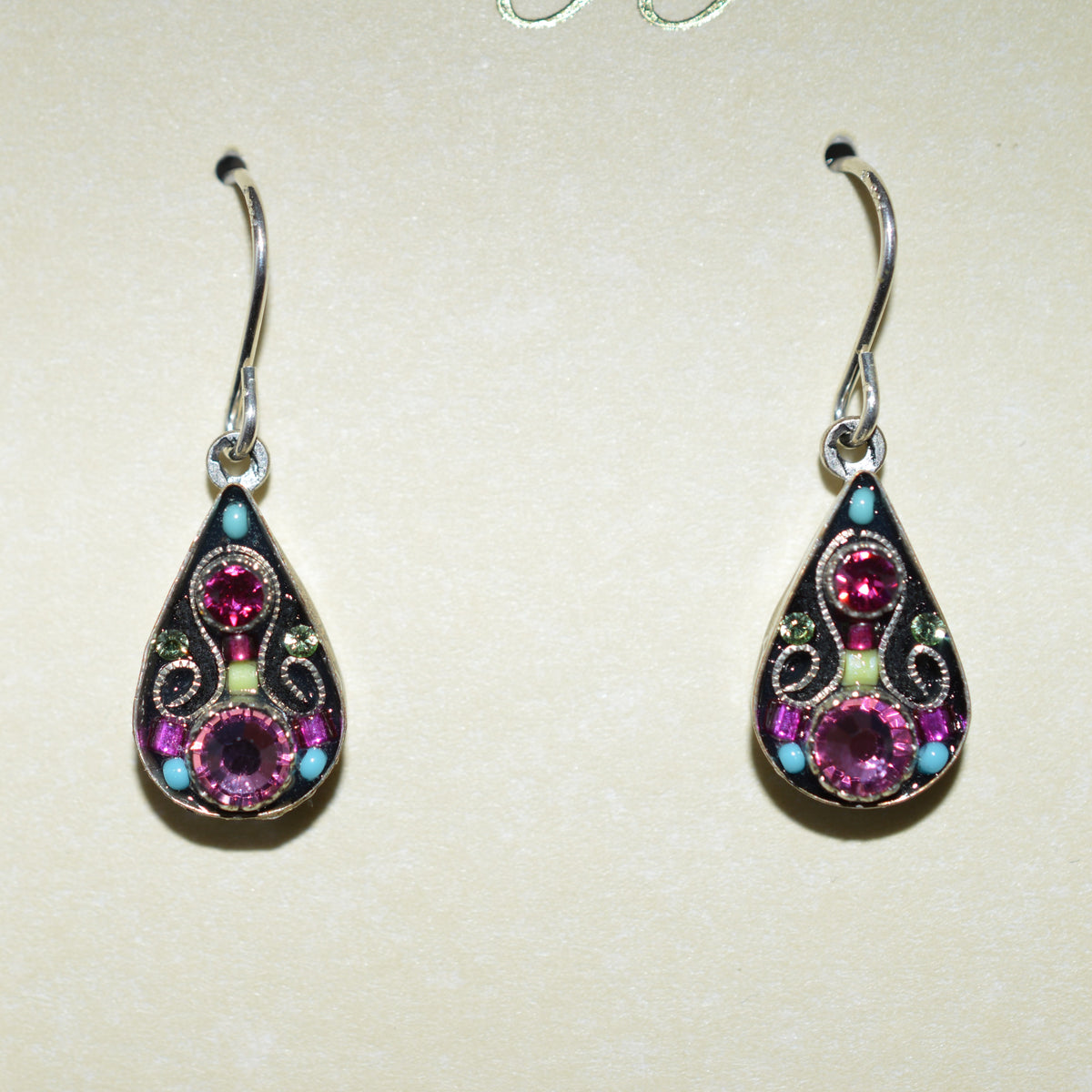 Antique Silver Plated Arabesque Rose Colored Small Drop Earrings by Firefly