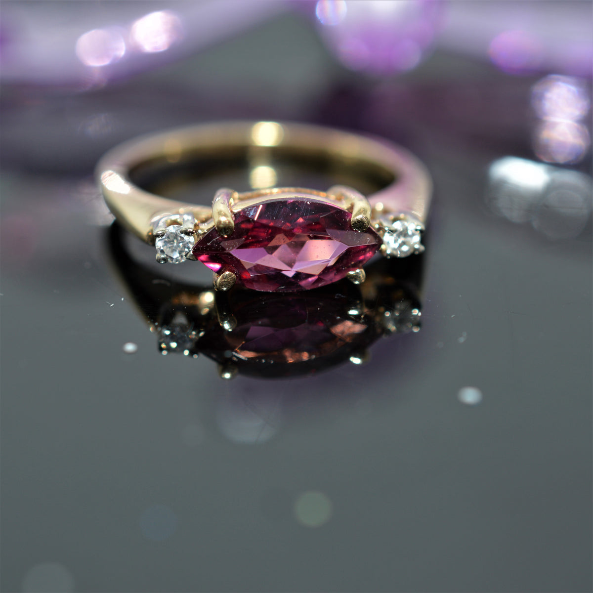 14K Yellow Gold Sideways Set Marquise Pink Tourmaline And Diamond Ring