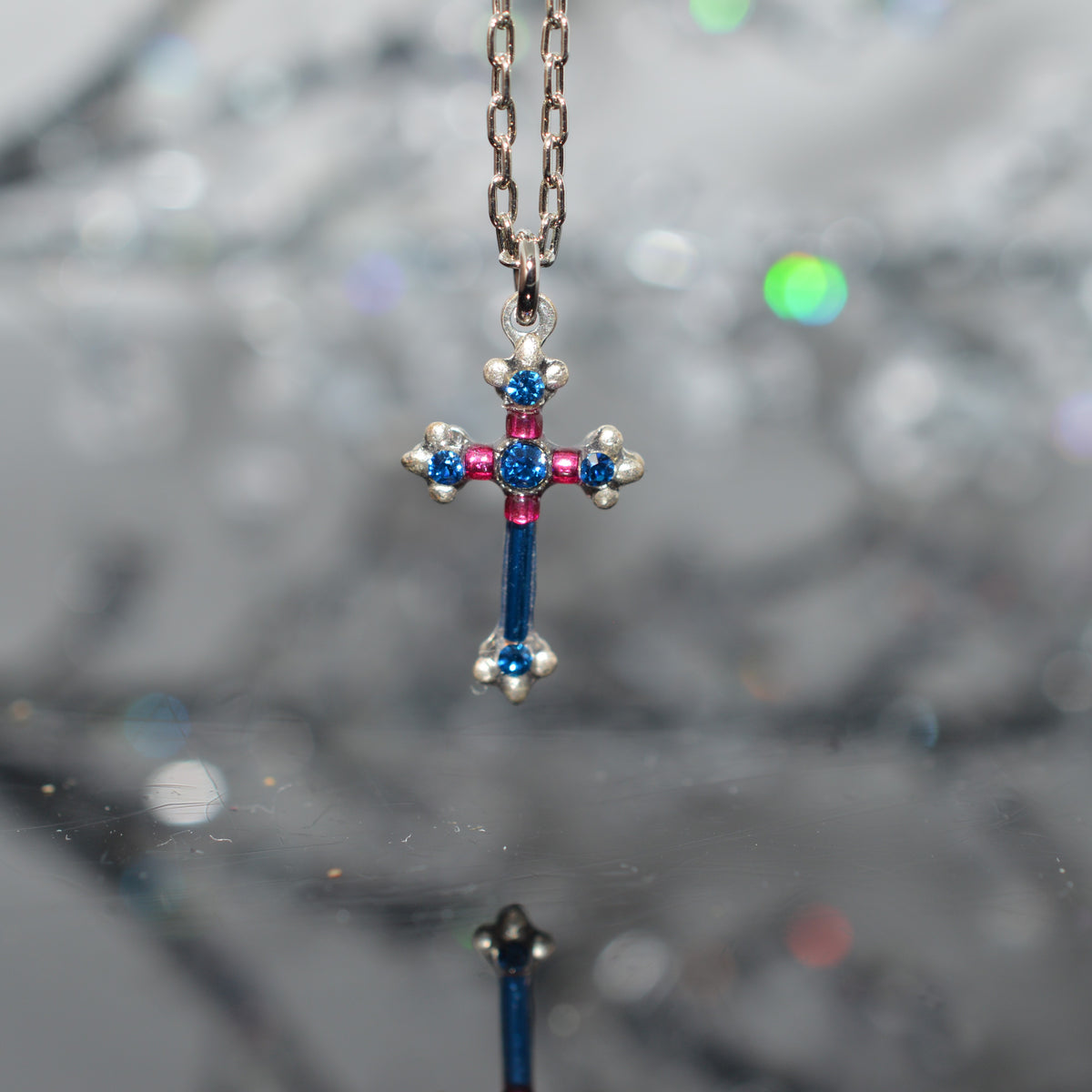 Antique Silver Plated Dainty Sapphire Crystal Cross Necklace by Firefly