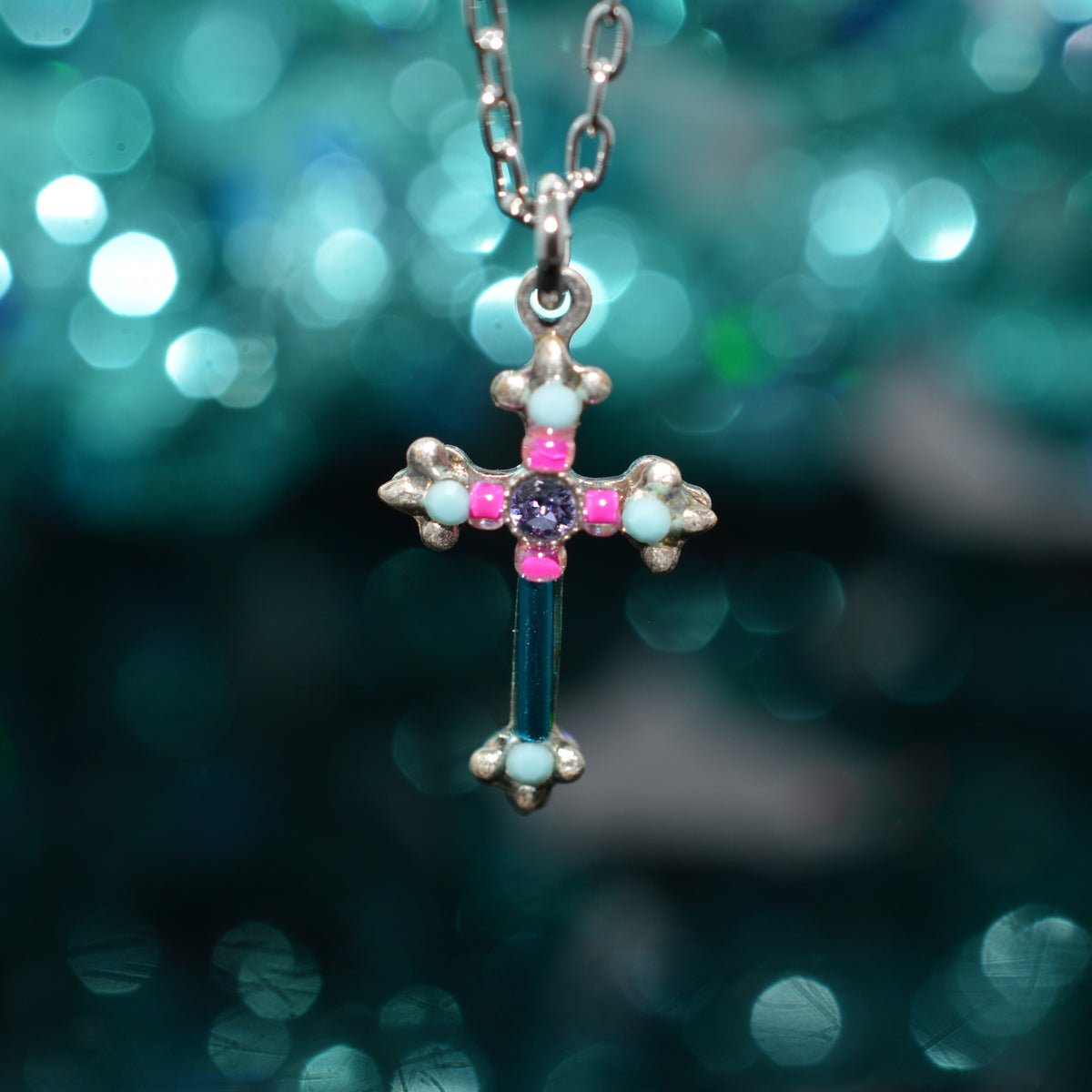 Antique Silver Plated Dainty Turquoise Crystal Cross Pendant by Firefly