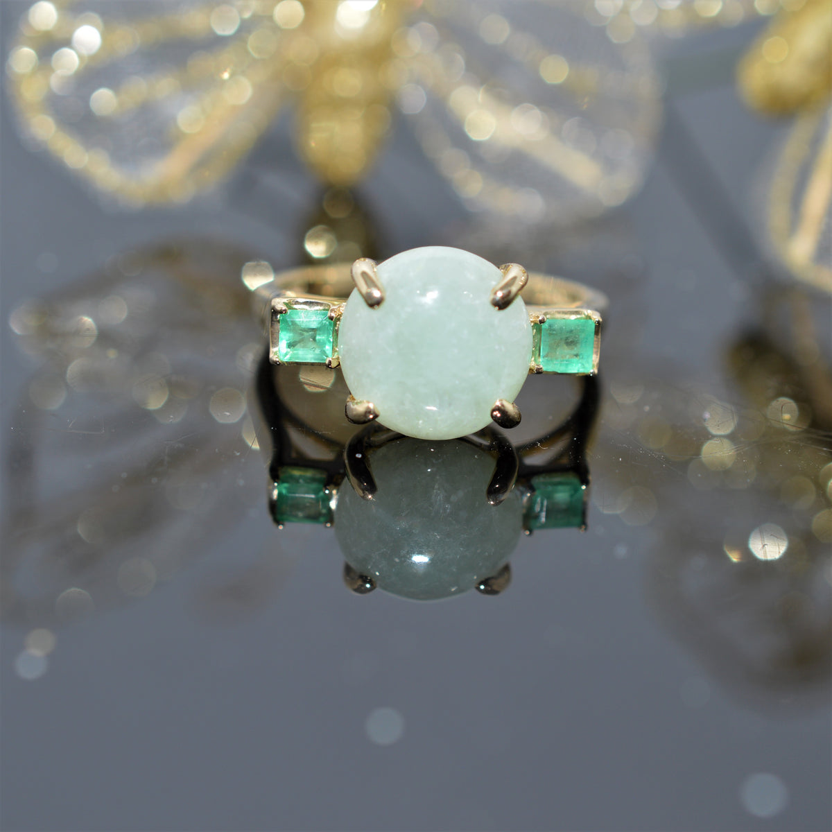 14K Yellow Gold Jade And Emerald Ring