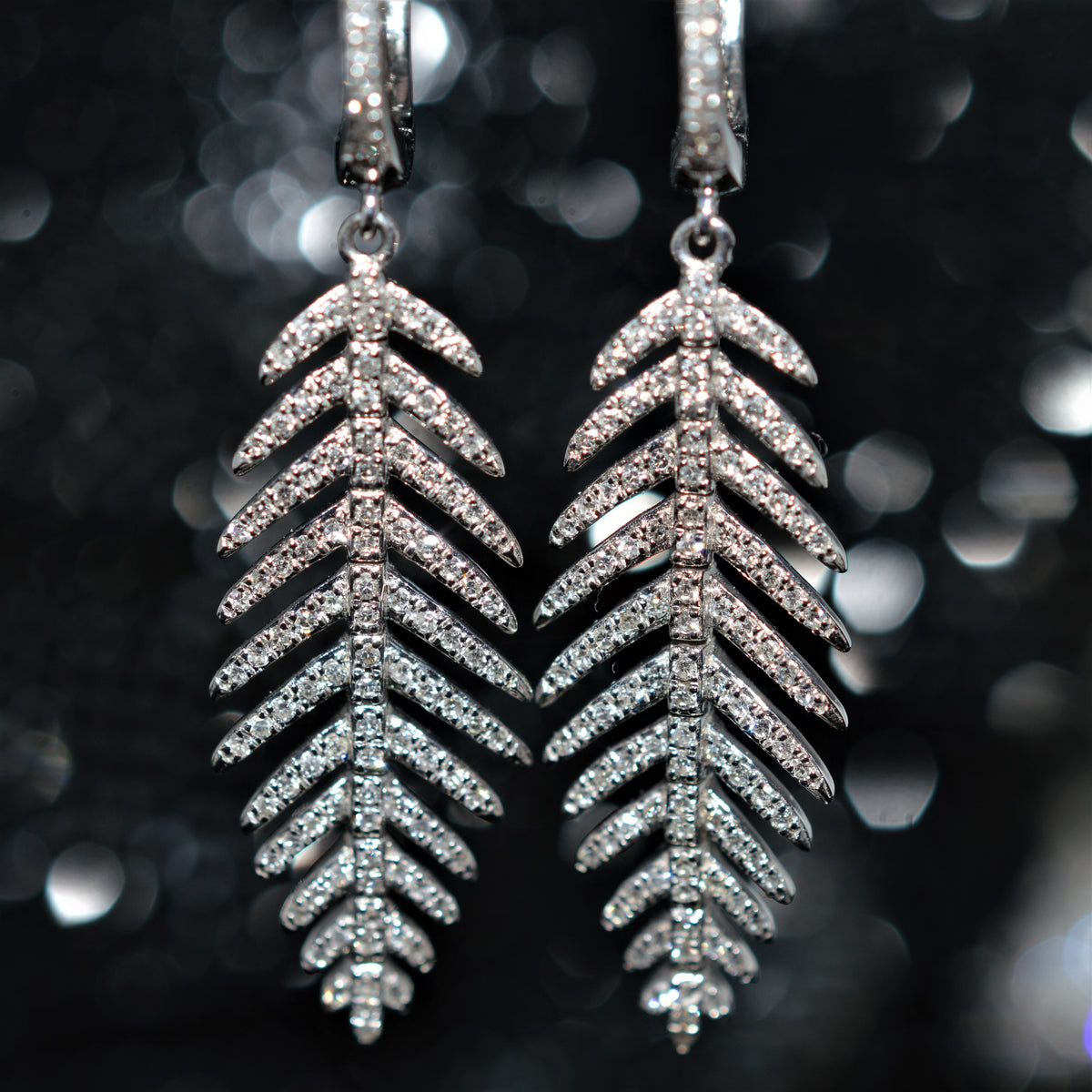 14K White Gold Articulated Feather Dangle Diamond Earrings