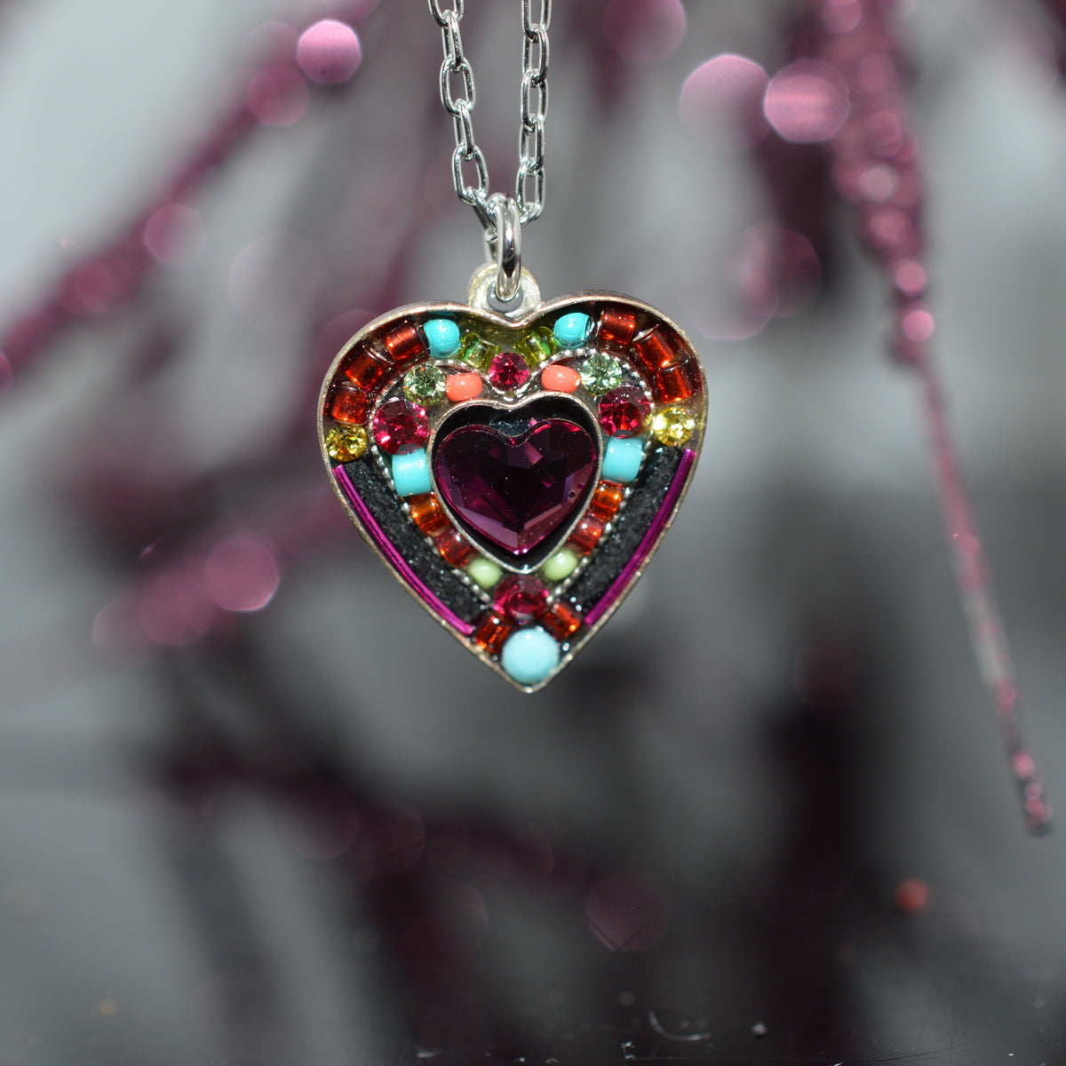 Antique Silver Plated Rose Heart Multi-Color Pendant by Firefly