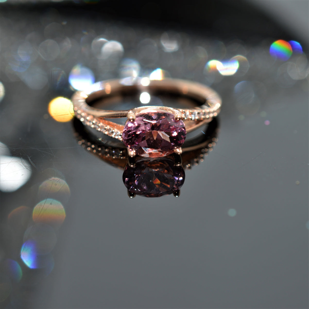 14K Rose Gold Sideways Set Oval Cut Lotus Garnet Ring with Diamonds