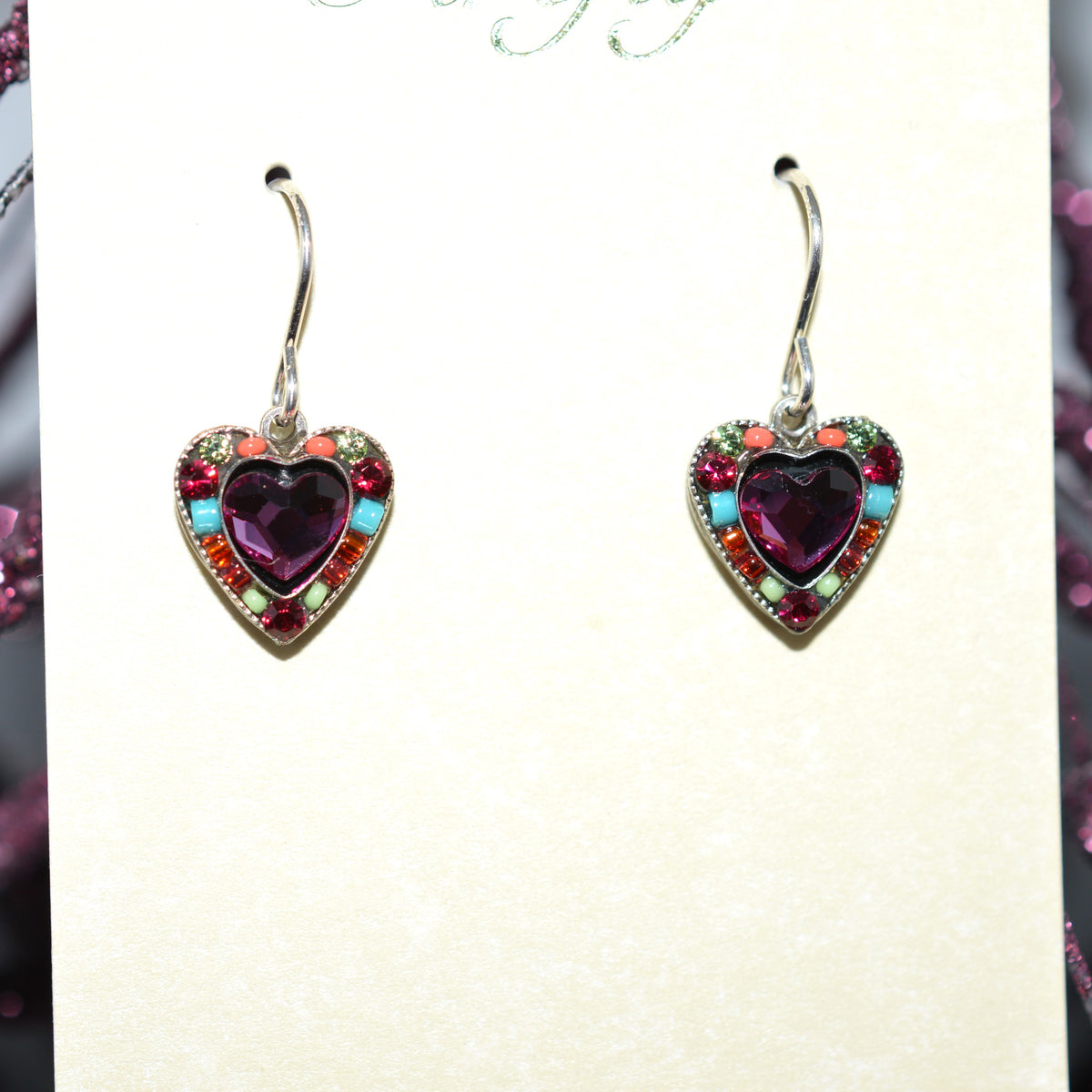 Antique Silver Plated Rose Heart Multi-Color Earrings by Firefly