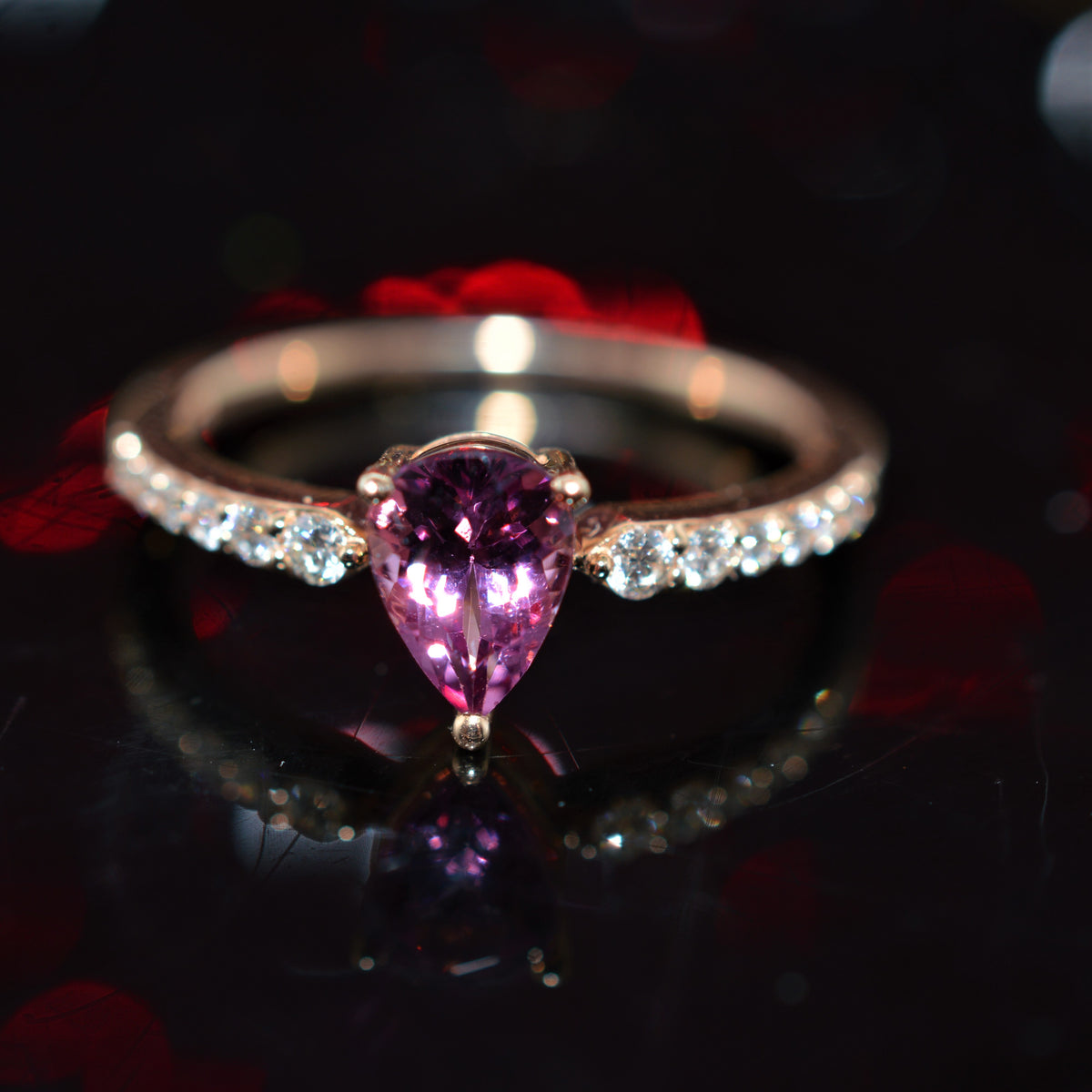 14K Rose Gold Pear Cut Lotus Garnet Ring with Diamonds