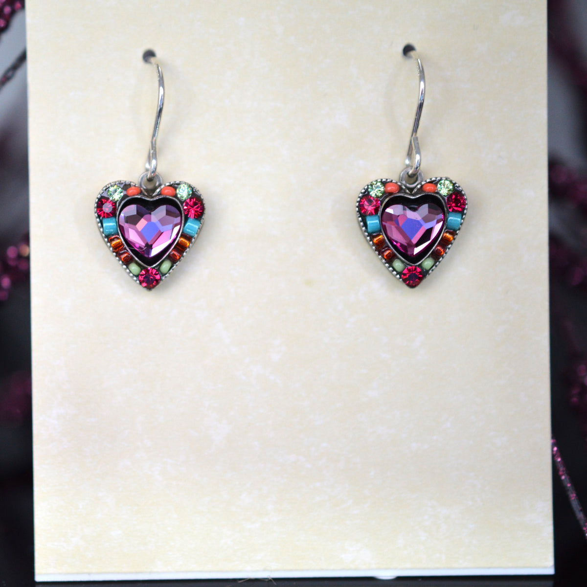Antique Silver Plated Rose Heart Multi-Color Earrings by Firefly