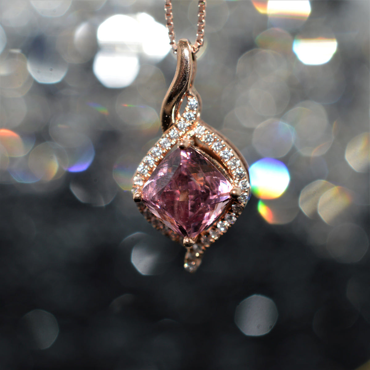 14K Rose Gold Cushion Cut Lotus Garnet and Diamond Pendant