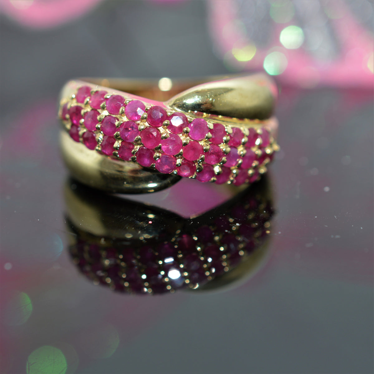 14K Yellow Gold Genuine Ruby Crisscross Band Ring