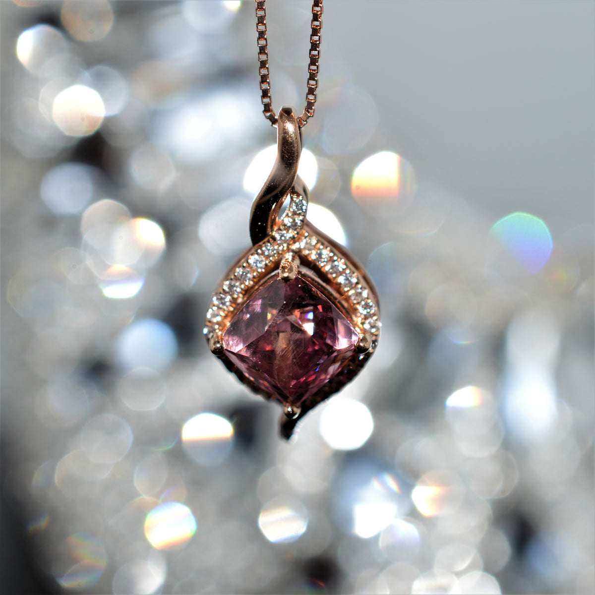 14K Rose Gold Cushion Cut Lotus Garnet and Diamond Pendant