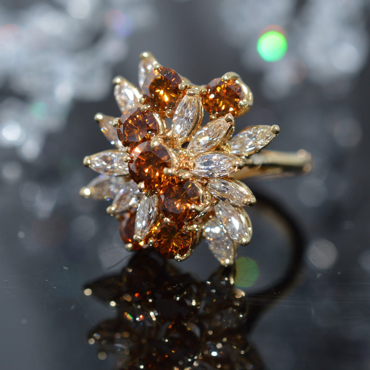 14K Yellow Gold Ring With Cognac And White Diamonds Having A Total Weight Of 4.55 Carats