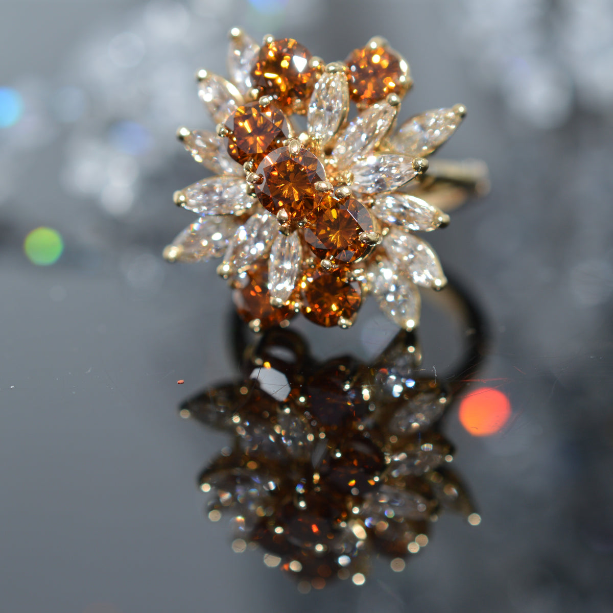 14K Yellow Gold Ring With Cognac And White Diamonds Having A Total Weight Of 4.55 Carats