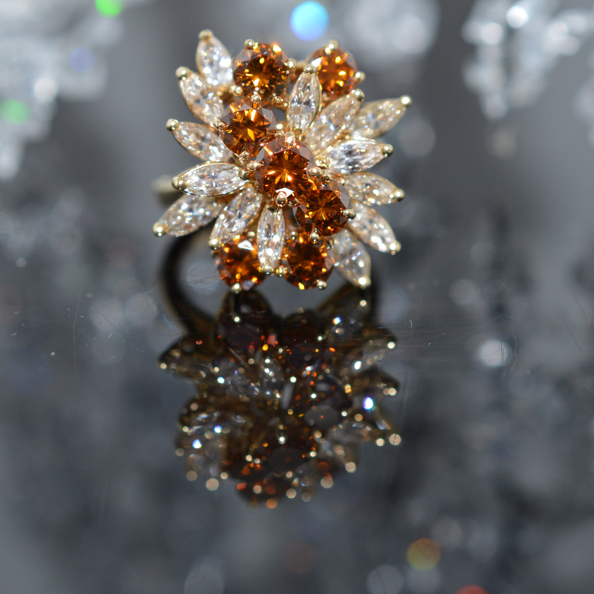 14K Yellow Gold Ring With Cognac And White Diamonds Having A Total Weight Of 4.55 Carats