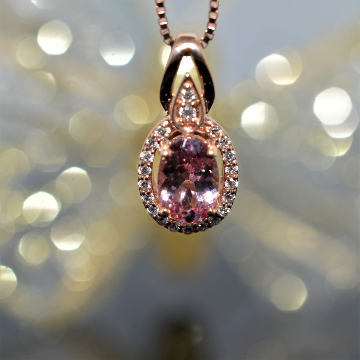 14K Rose Gold Oval Cut Lotus Garnet and Diamond Pendant