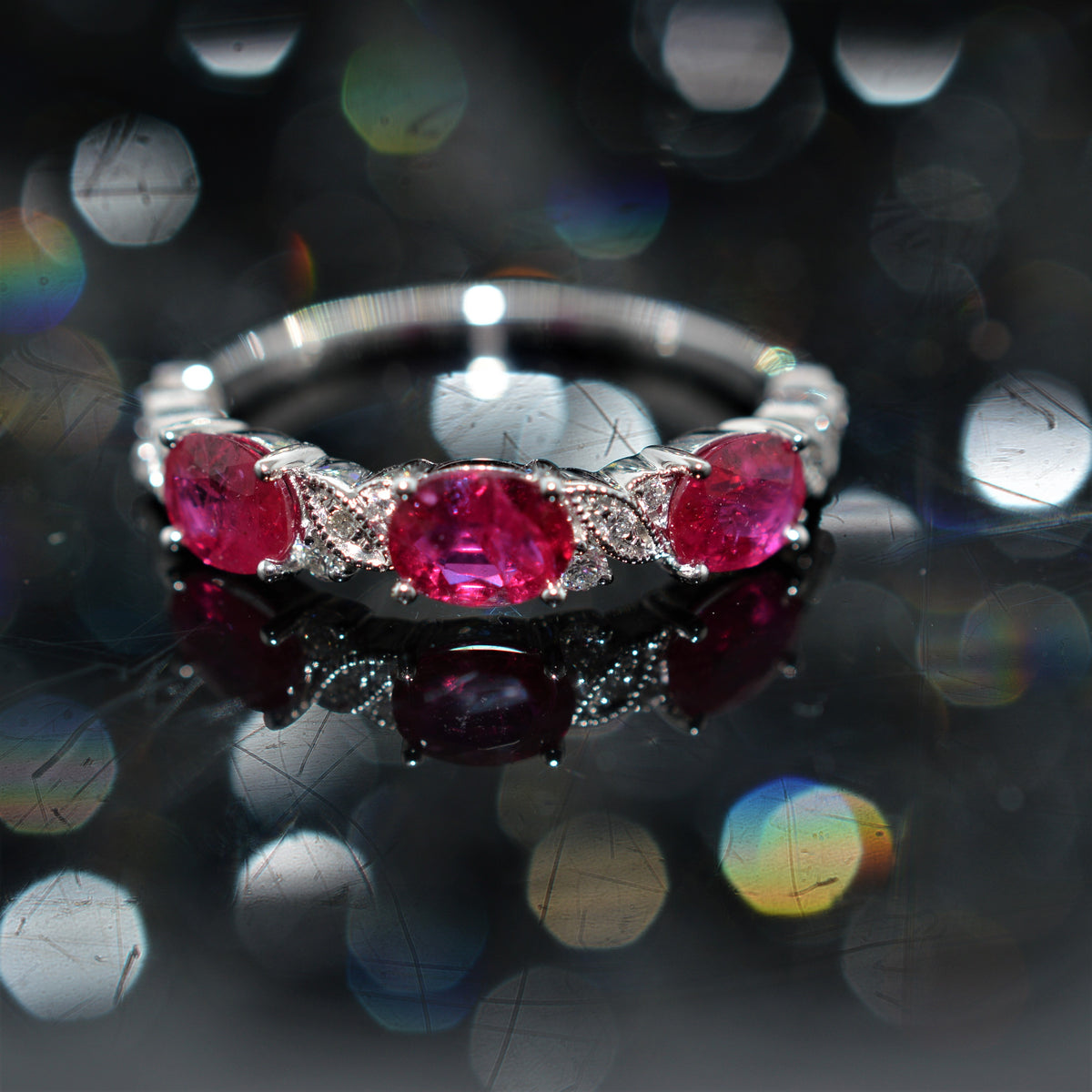 14K White Gold Oval Ruby And Diamond Band Ring