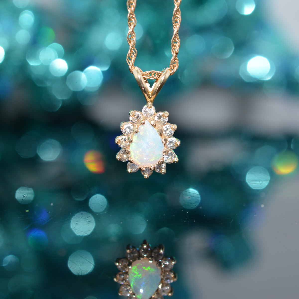 14K Yellow Gold Chain With Teardrop Opal &amp; Diamond Pendant