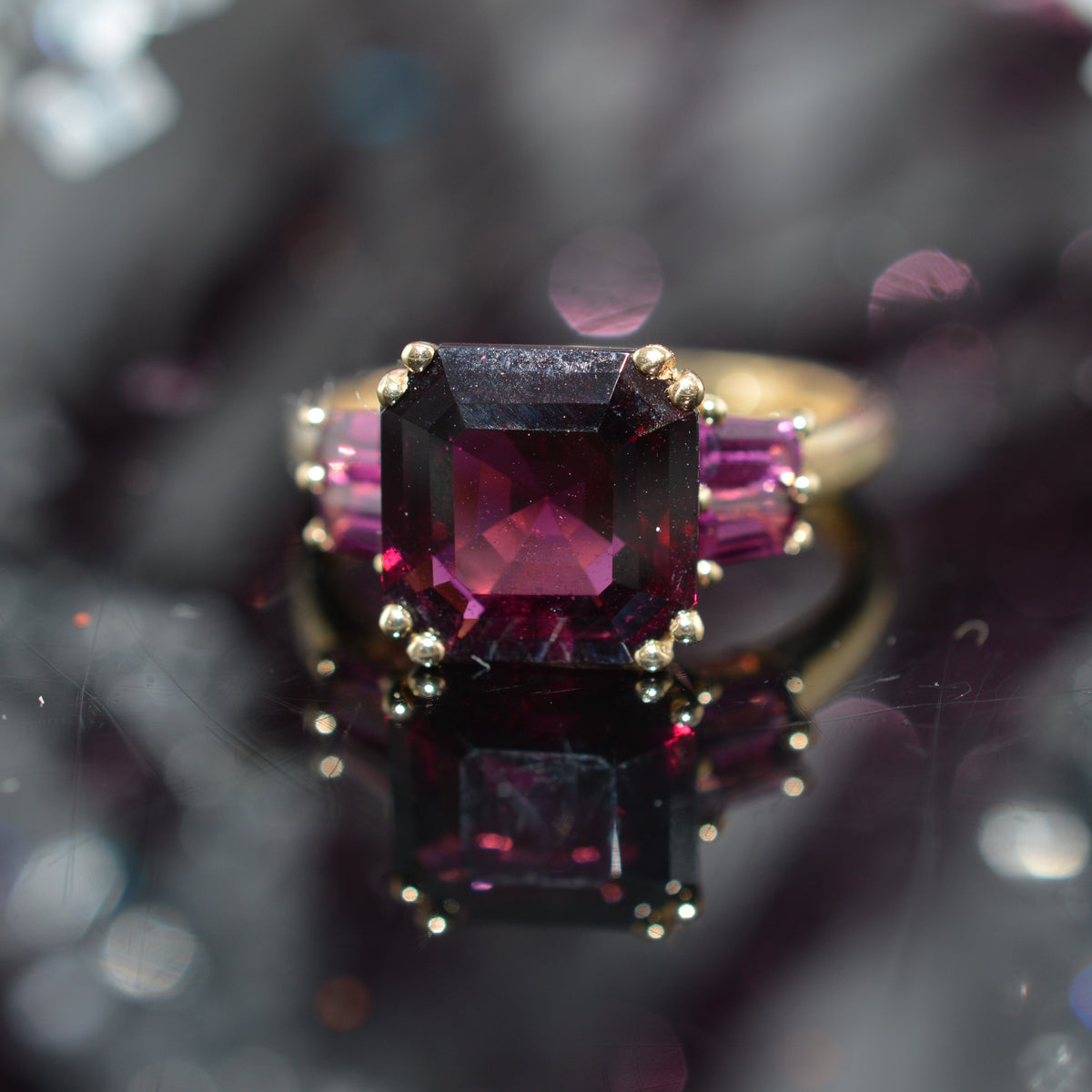 14K Yellow Gold Asscher Cut Garnet &amp; Amethyst Ring
