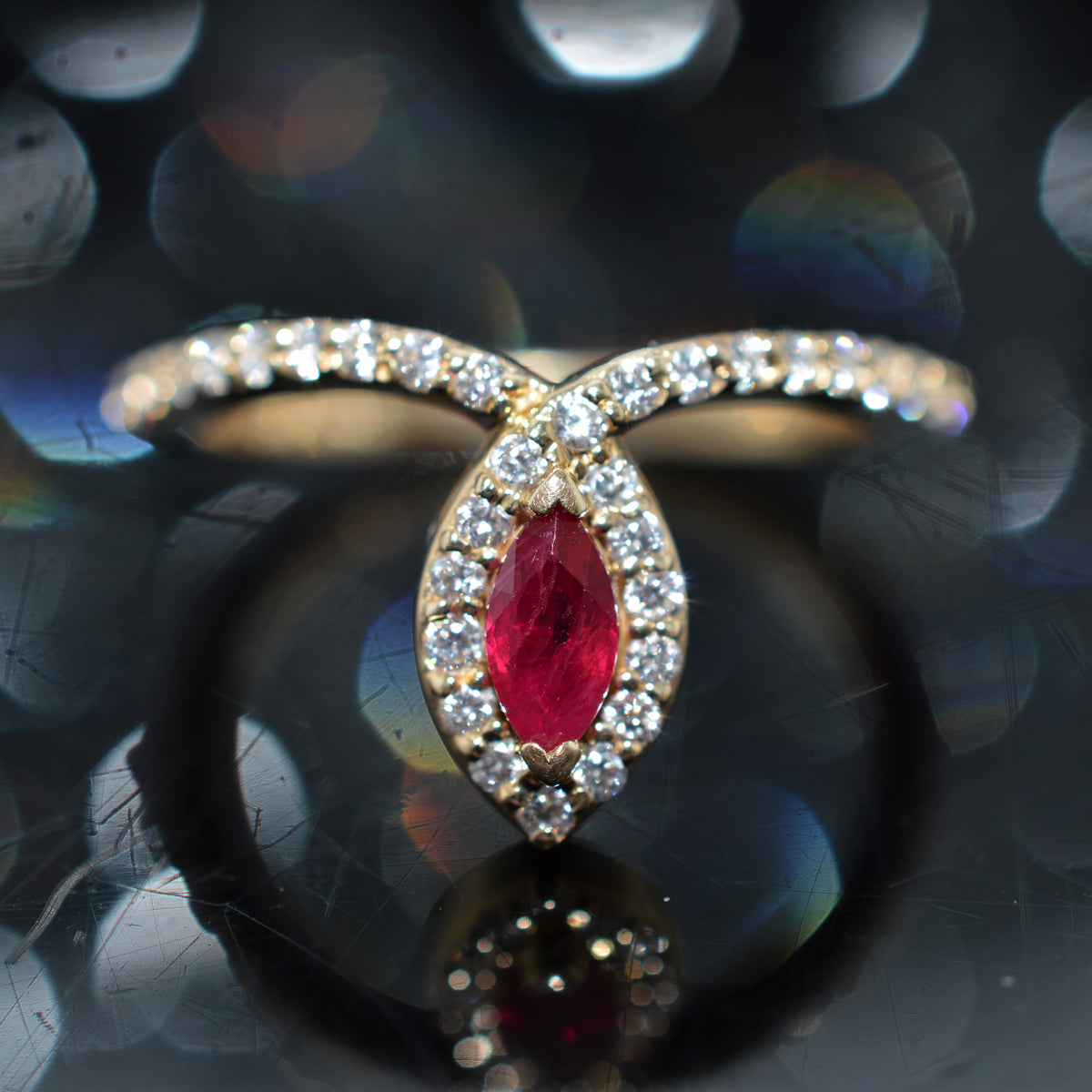 14K White Gold Marquise Cut Ruby And Diamond Ring