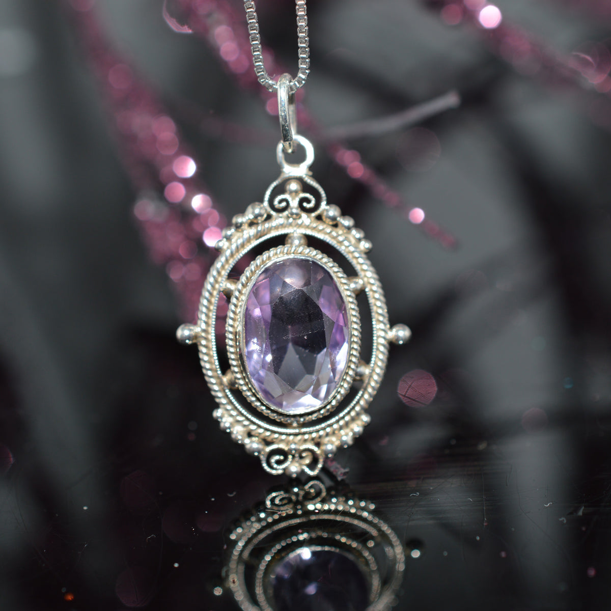 Sterling Silver 18 Inch Long Chain With Amethyst Pendant