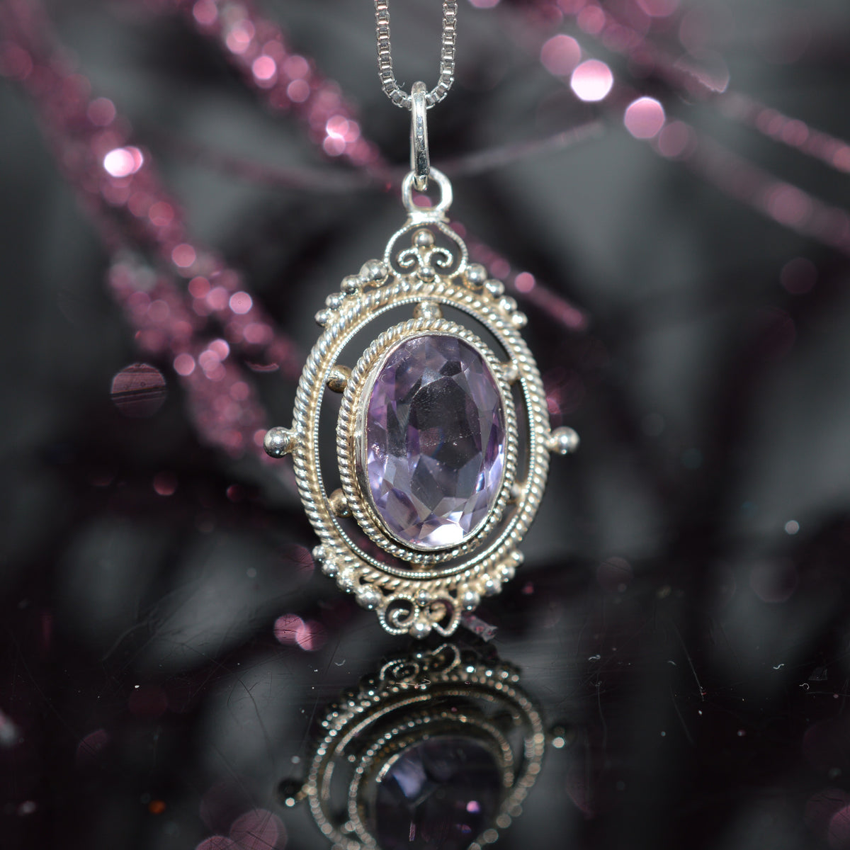 Sterling Silver 18 Inch Long Chain With Amethyst Pendant