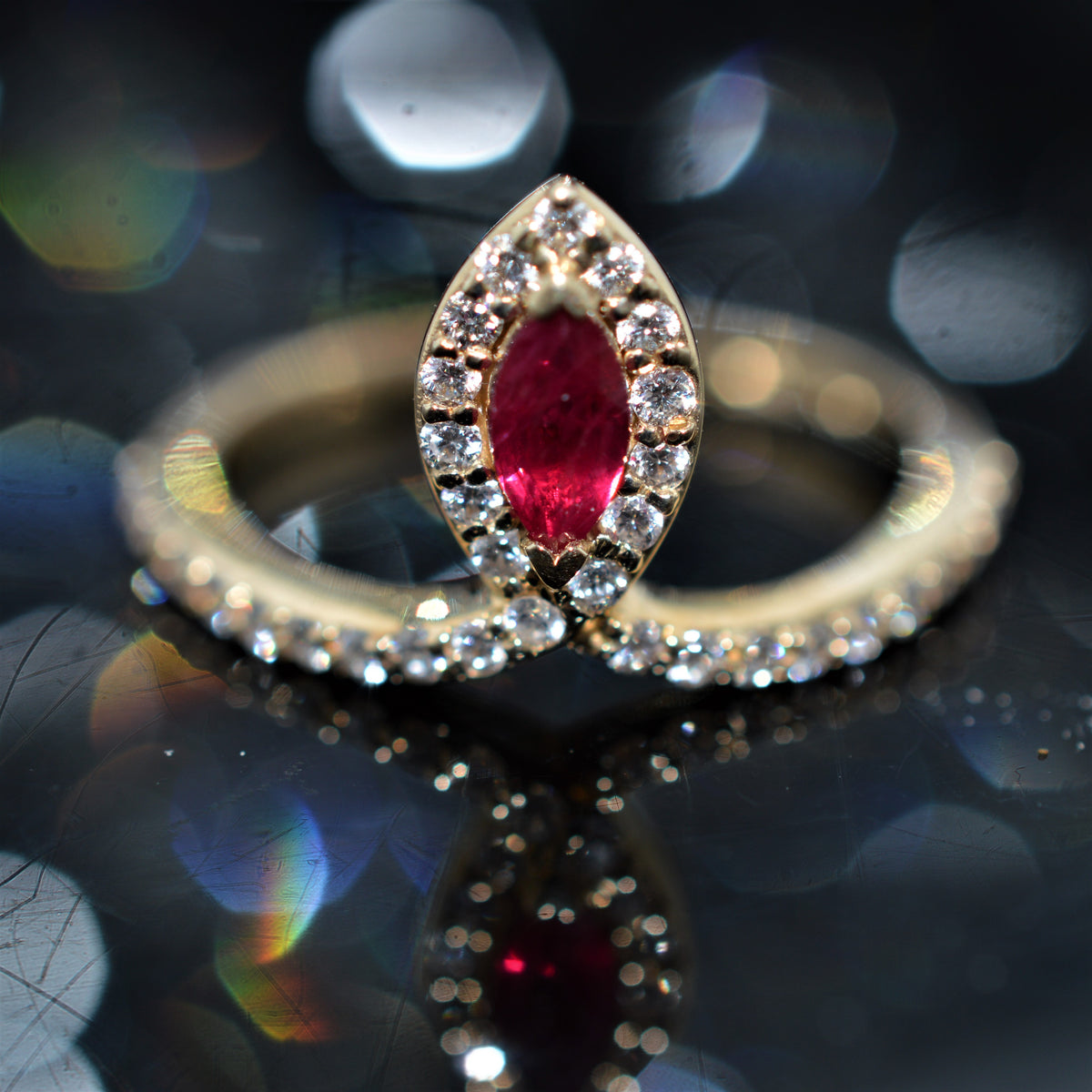 14K White Gold Marquise Cut Ruby And Diamond Ring
