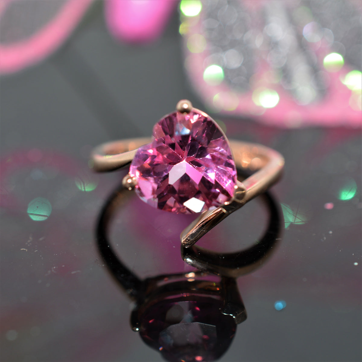 10K Rose Gold Heart Cut Syn Pink Sapphire Ring