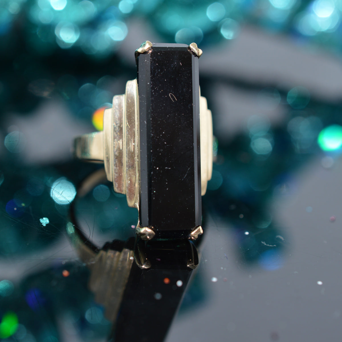 10K Yellow Gold Elongated Emerald Cut Black Onyx Ring