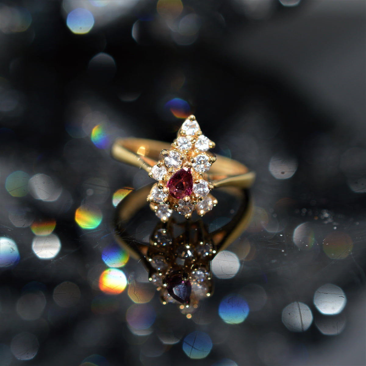 18K White Gold Pear Cut Ruby And Diamond Cluster Ring