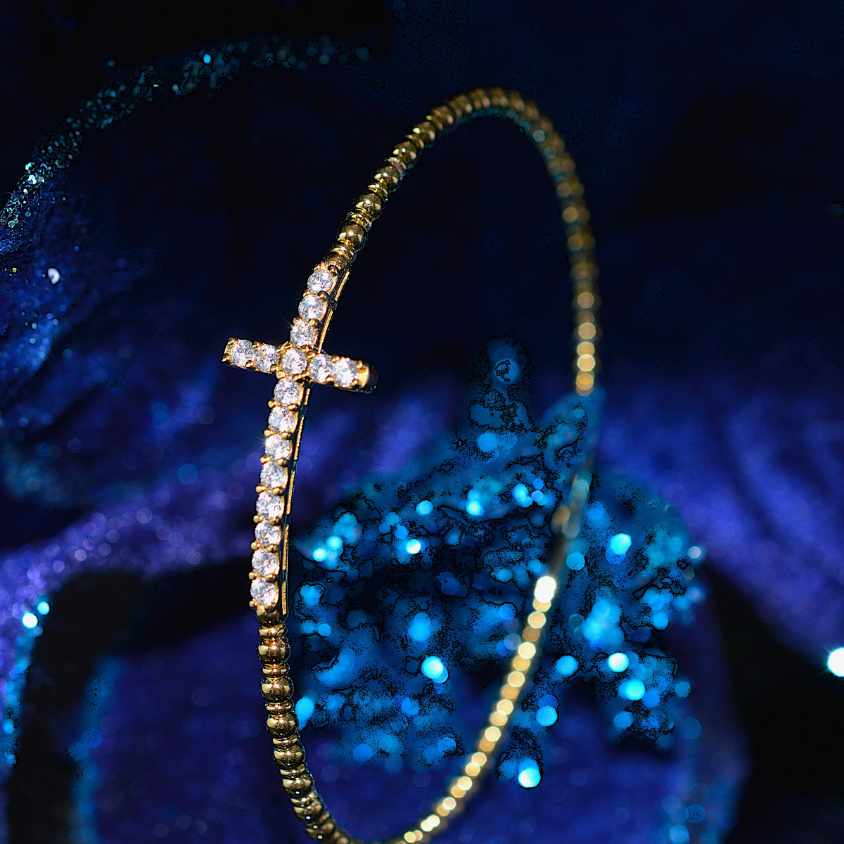 Vermeil Flexible Cross Bangle Bracelet With Simulated Diamonds