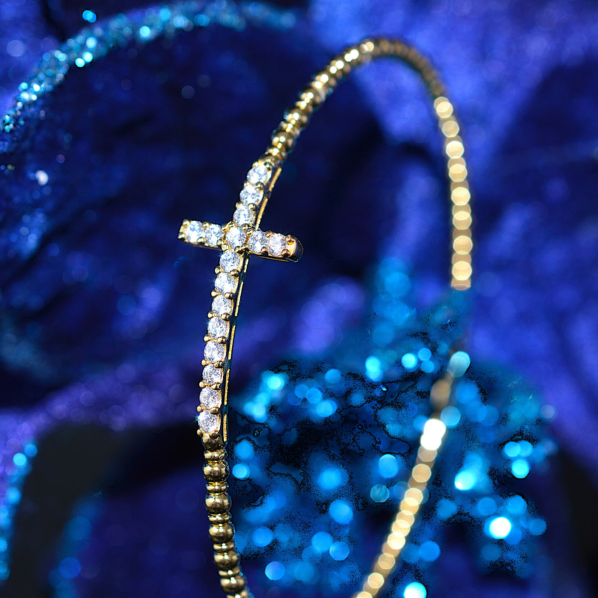 Vermeil Flexible Cross Bangle Bracelet With Simulated Diamonds