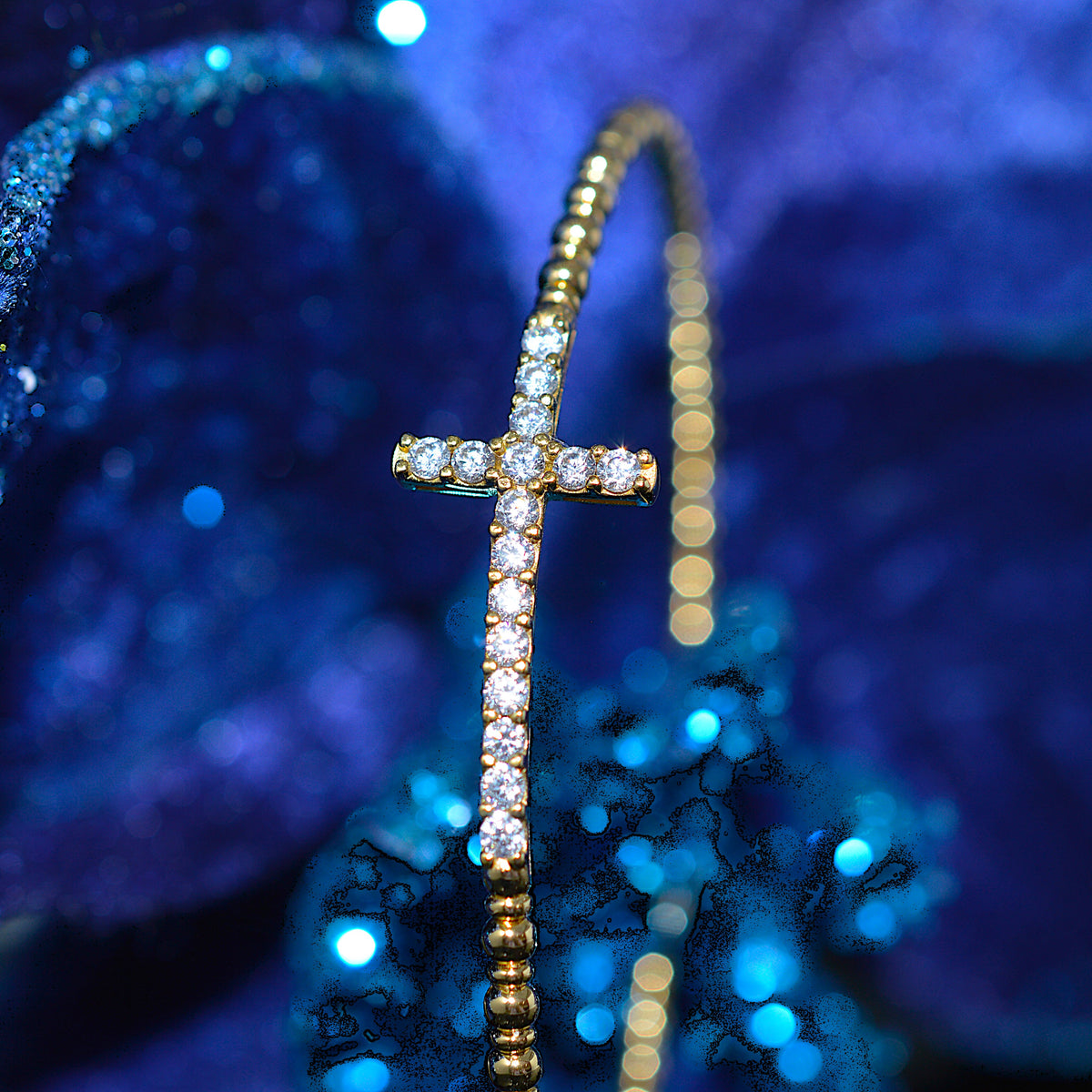 Vermeil Flexible Cross Bangle Bracelet With Simulated Diamonds