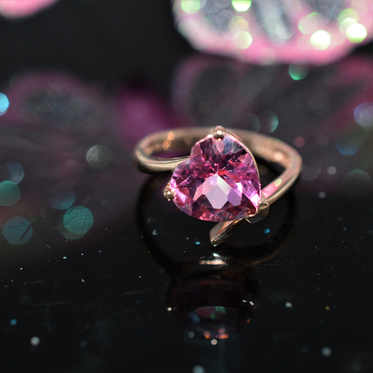 10K Rose Gold Heart Cut Syn Pink Sapphire Ring