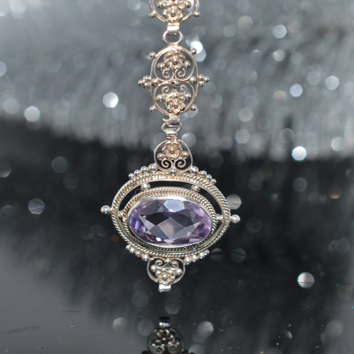 Sterling Silver Chain With 2.5 Inch Long Amethyst Pendant