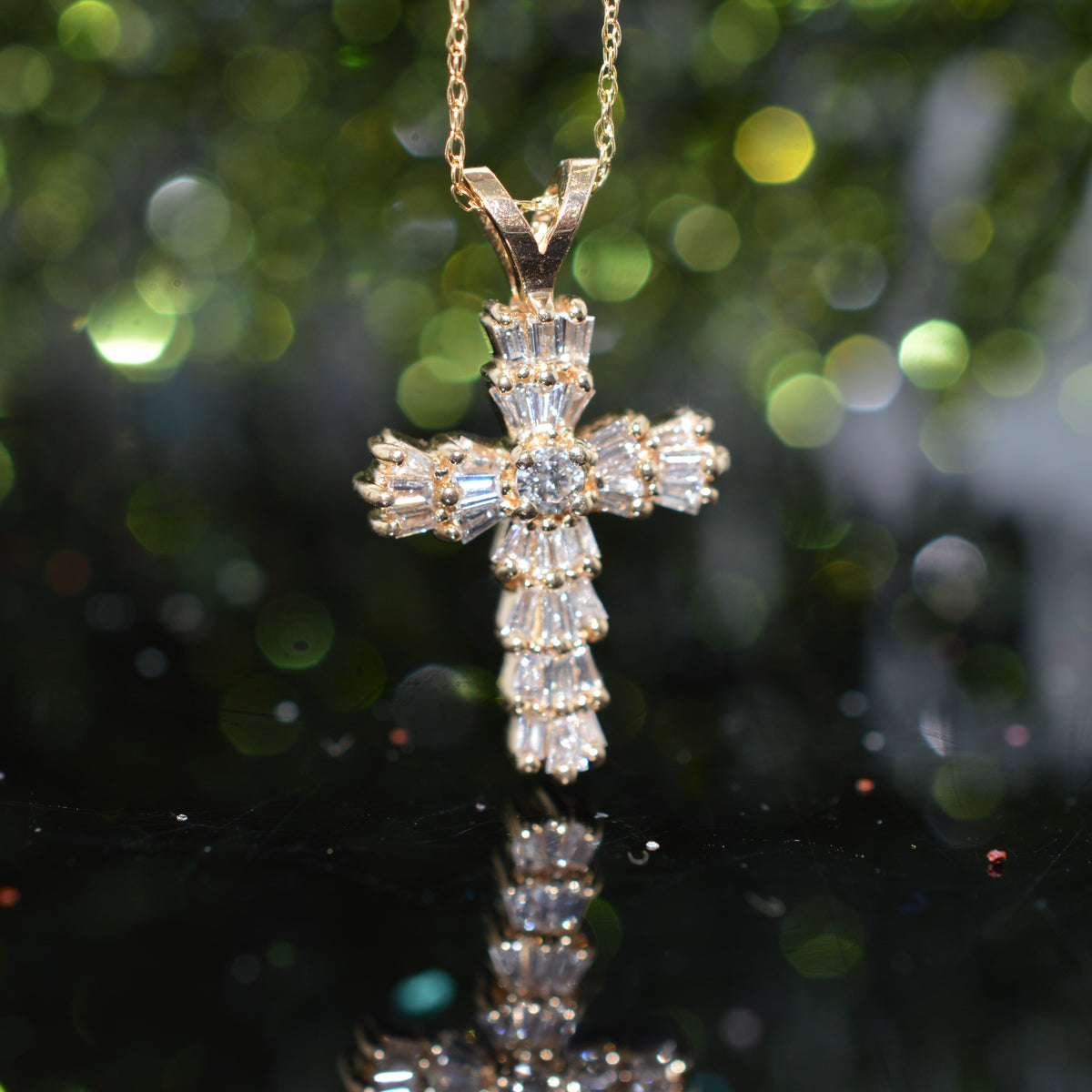 14K Yellow Gold .50 Carat Total Weight Diamond Baguette Cross Pendant With Chain