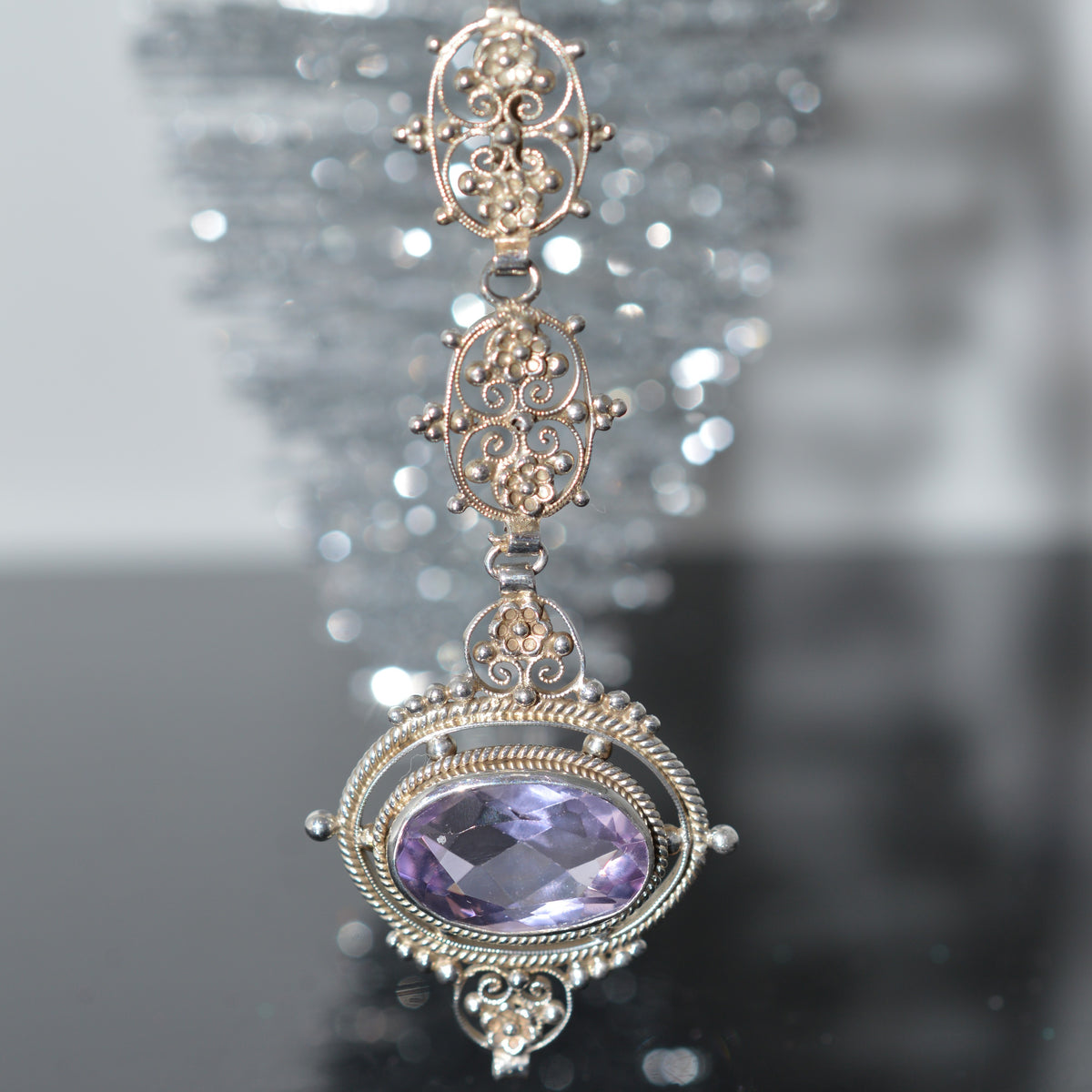 Sterling Silver Chain With 2.5 Inch Long Amethyst Pendant