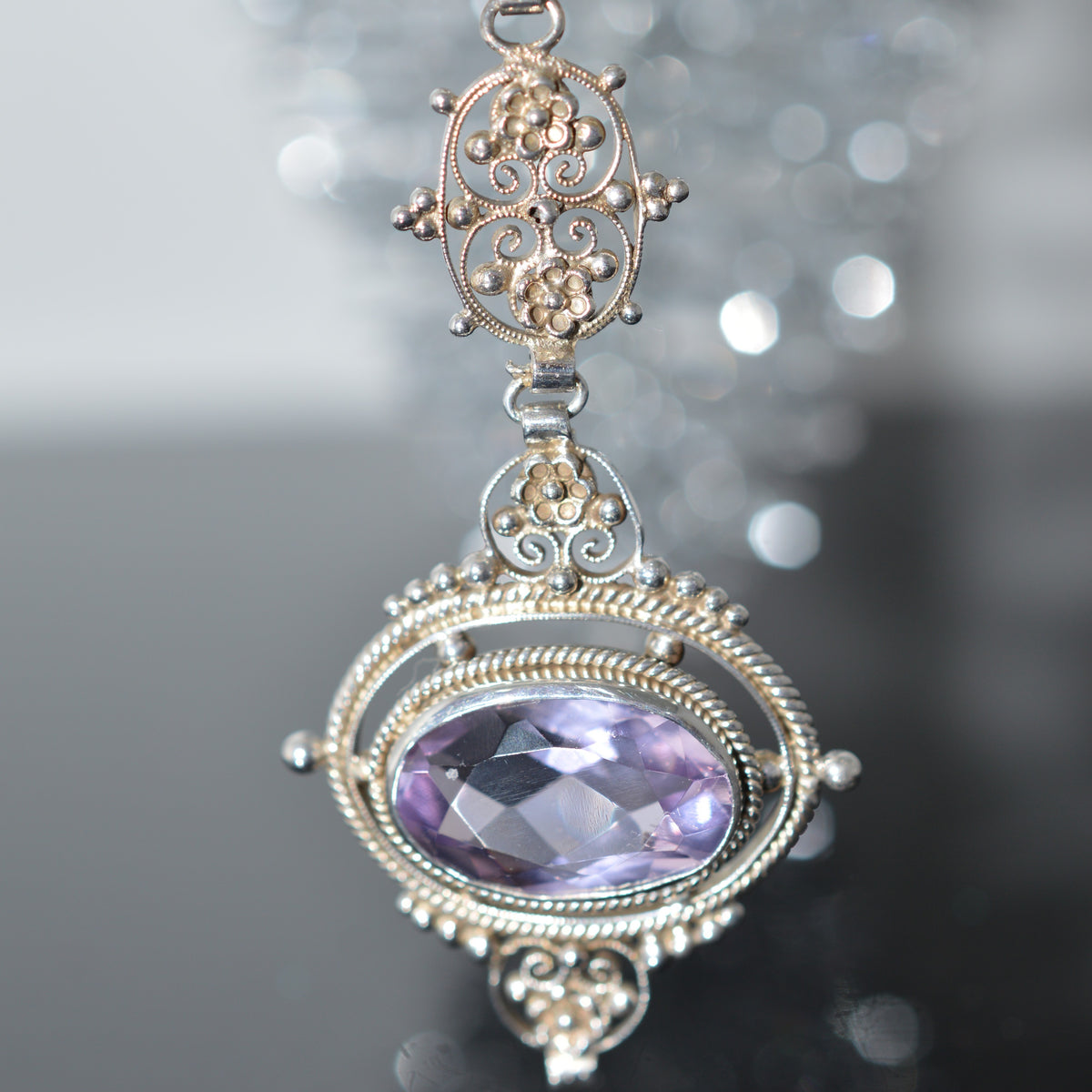 Sterling Silver Chain With 2.5 Inch Long Amethyst Pendant
