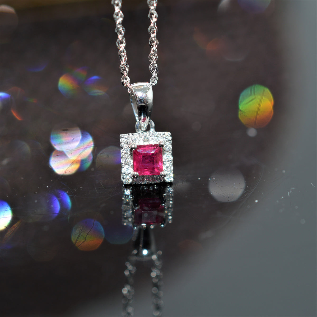 14K White Gold Square Ruby And Diamond Halo Pendant