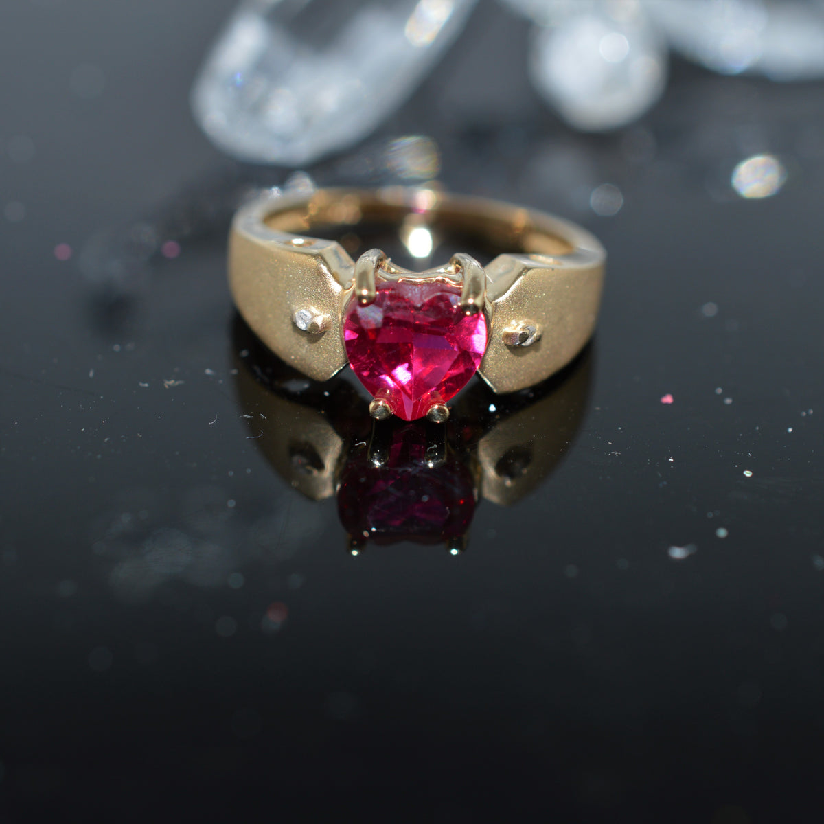 14K Yellow Gold Created Heart Cut Ruby And Diamond Ring